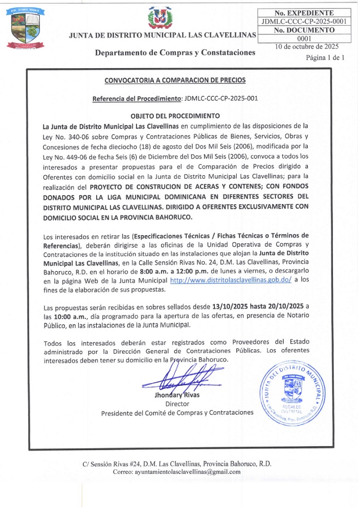 𝘾𝙊𝙉𝙑𝙊𝘾𝘼𝙏𝙊𝙍𝙄𝘼🔔  REFERENCIA DEL PROCEDIMIENTO:  JDMLC-CCC-CP-2025-0001.